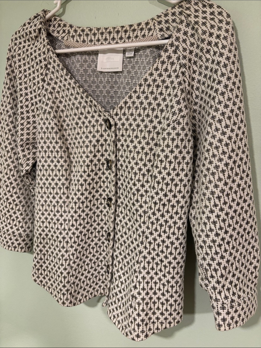 Anthropologie Black and Cream Patterned Button-Front Cardigan